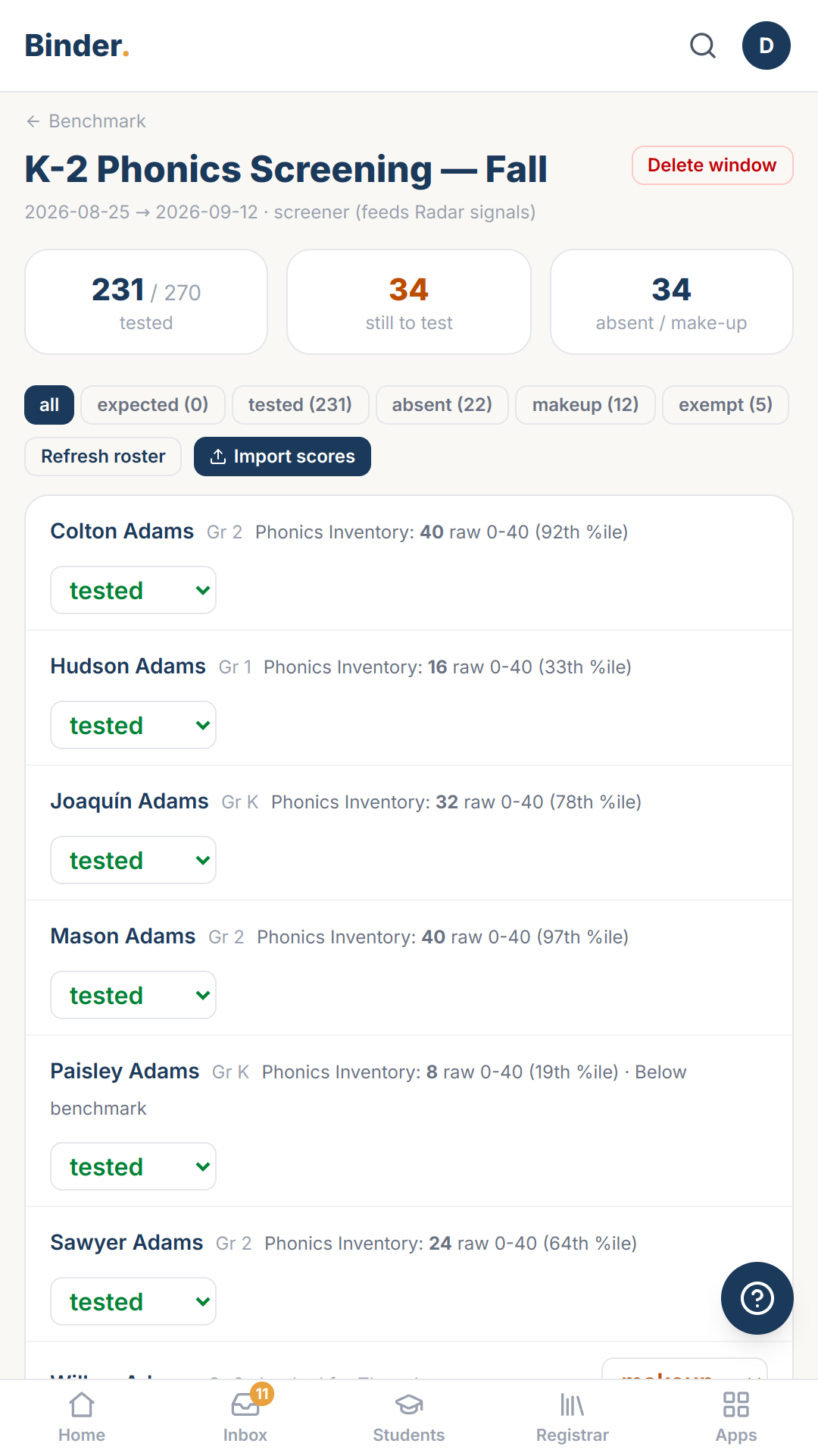 The testing calendar, live — who has tested and who still hasn't, for every program.