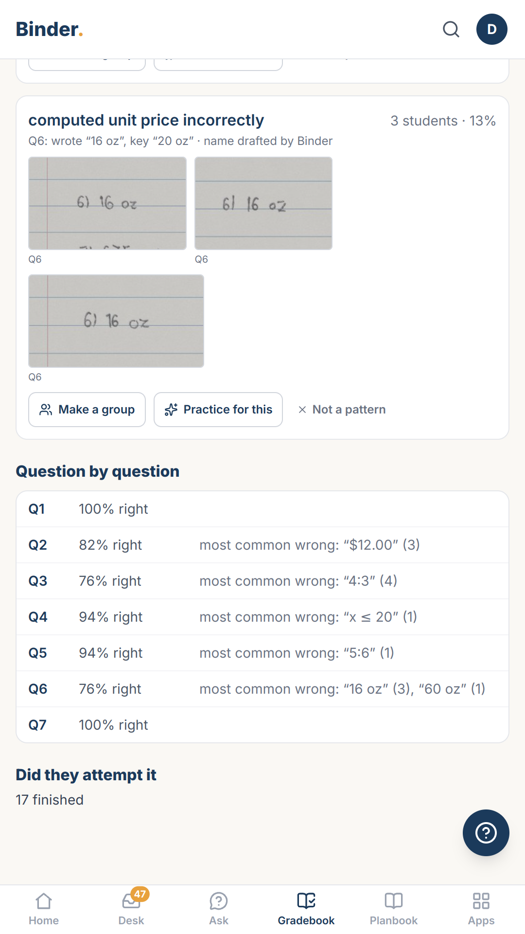 When you accept a scanned paper's score, Binder records the score for every question too.