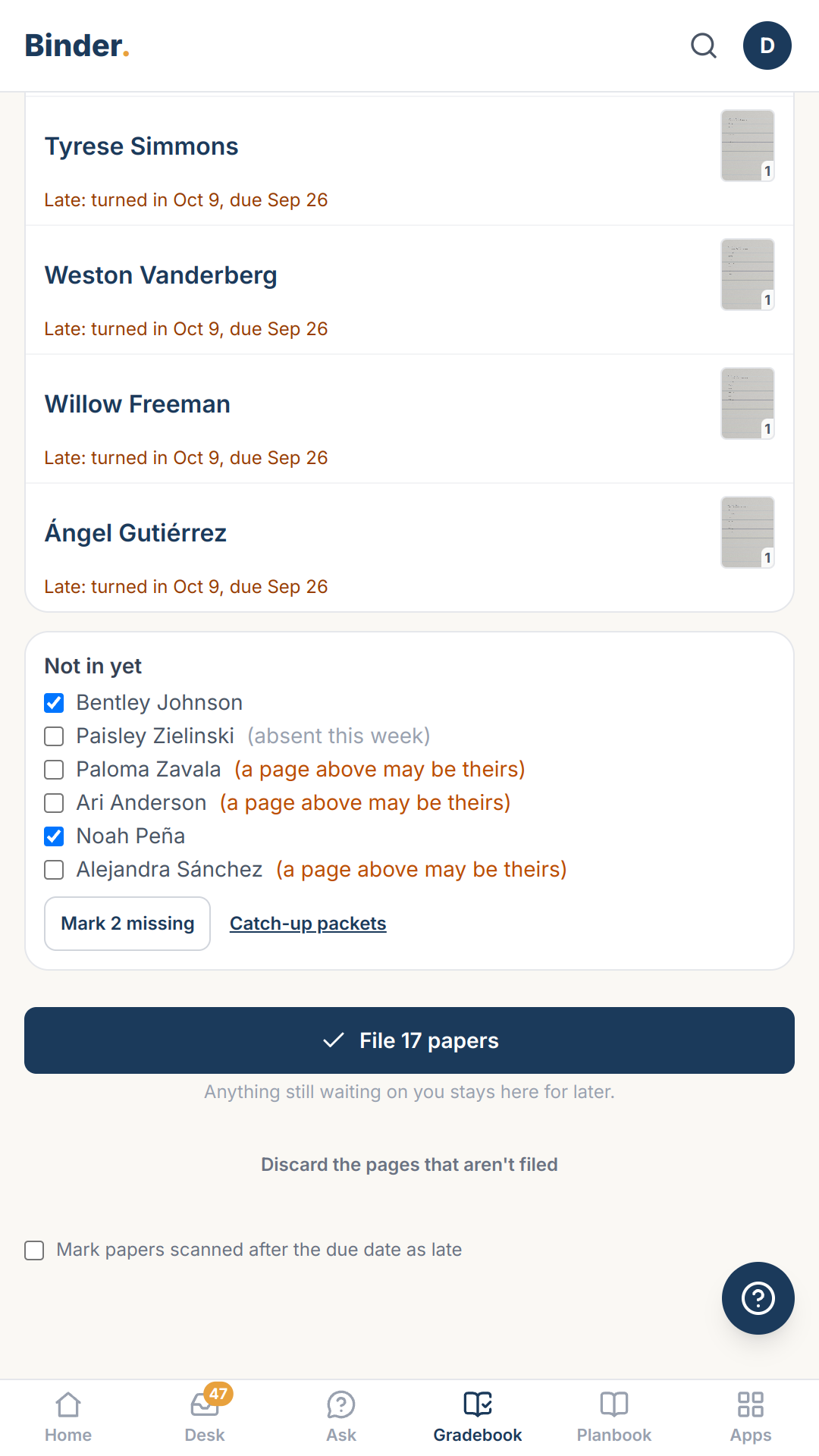 After you photograph the stack, Binder shows who's missing—“23 of 28”—and which of those students were absent. Mark them missing in one tap, and their work goes into a catch-up packet you can print for them.